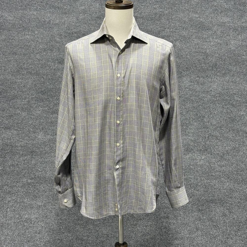 Etro Shirt Mens Medium 40 Gray Purple Green Plaid Button Down Made in Italy